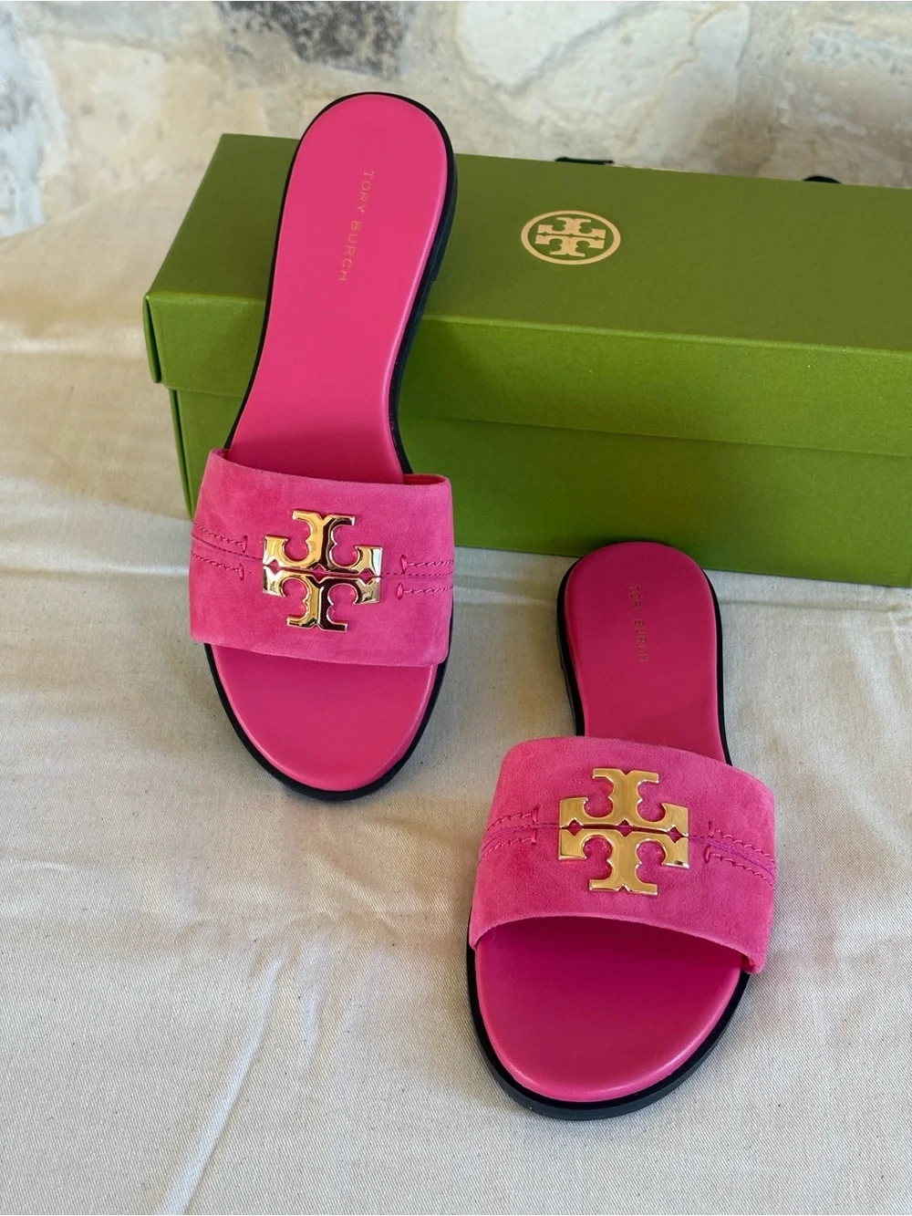 Tory Burch Hot Pink Suede Logo Slide Sandals size8